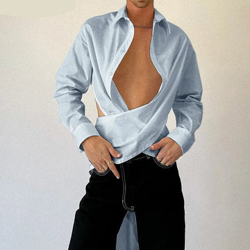 AIDASE  -  Tops American Style Fashion Sexy Men Deconstructive Backless Bow Shirts Casual Male Solid Loose Long Sleeved Blouse aidase-shop